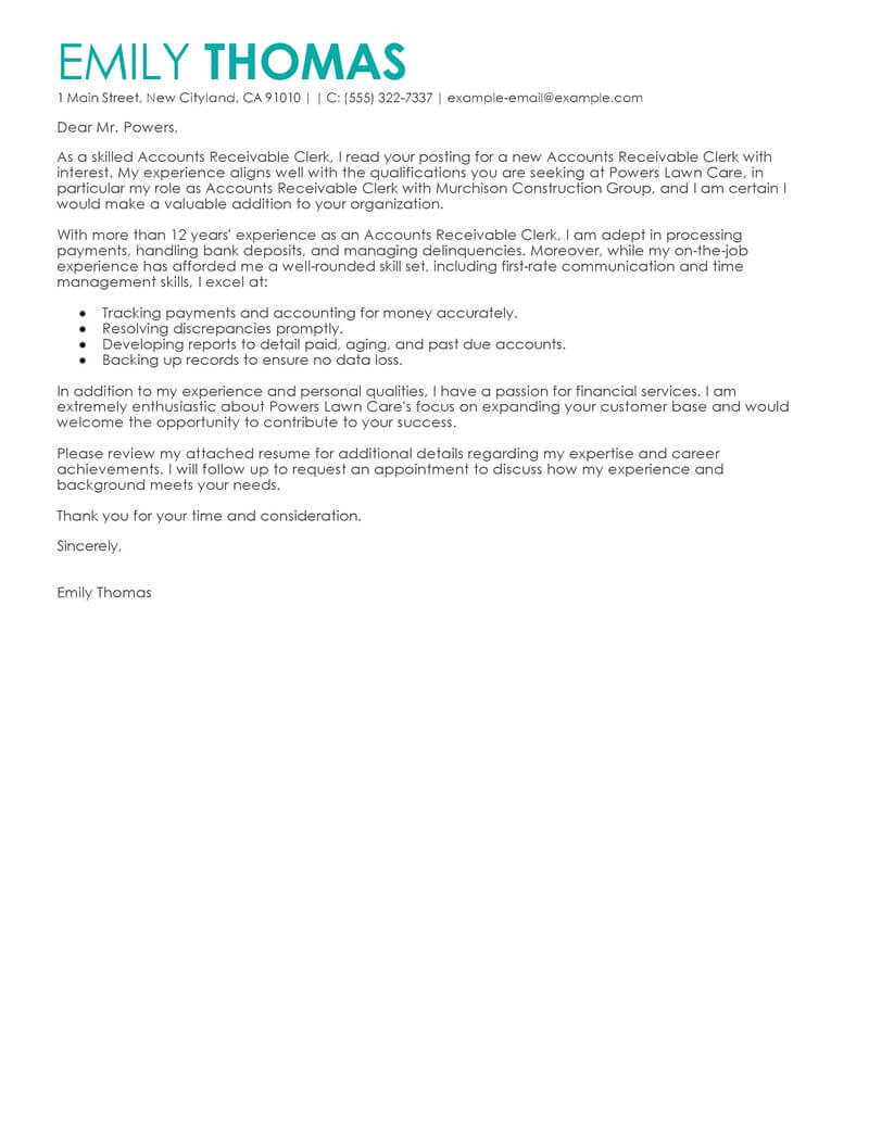 Outstanding Accounts Receivable Clerk Cover Letter ...