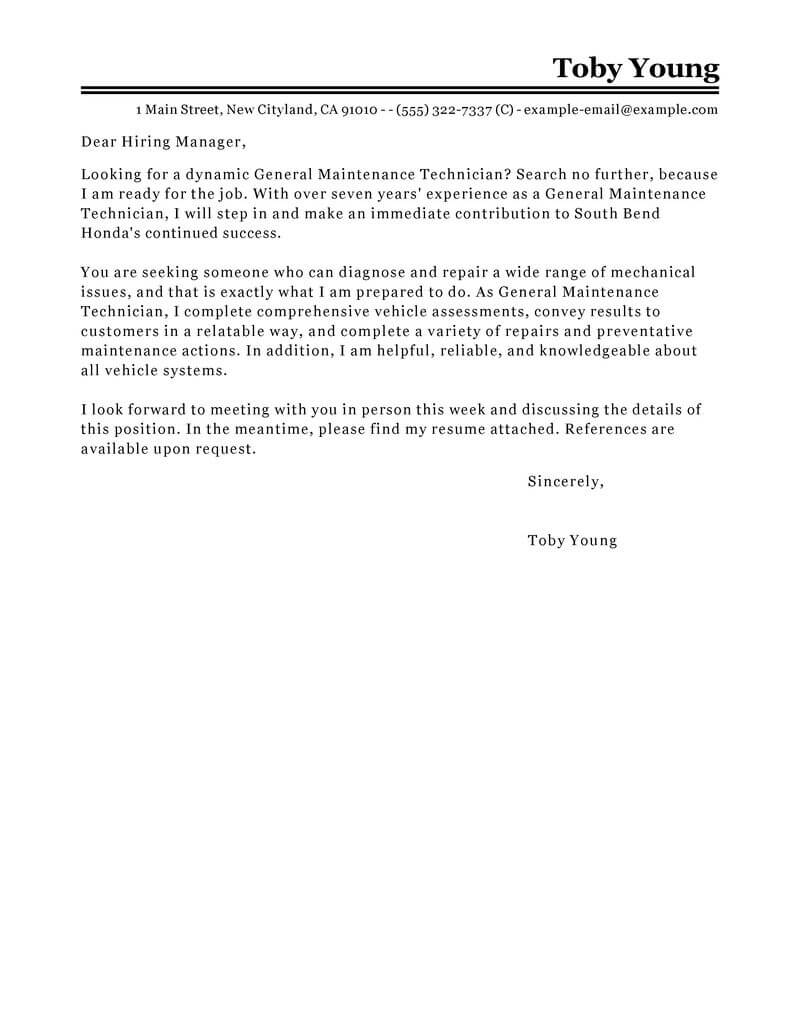 cover letter for maintenance manager