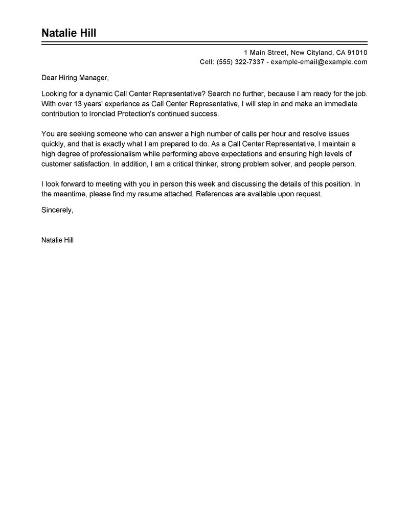 Outstanding Call Center Representative Cover Letter Examples