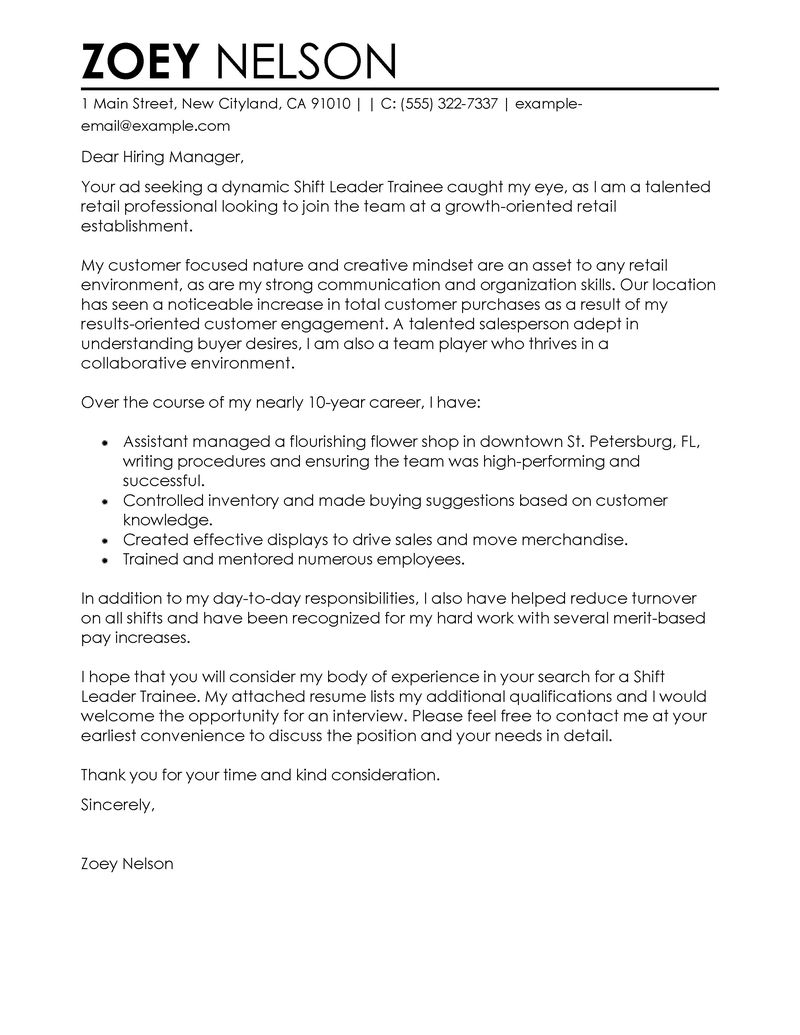 Outstanding Shift Leader Trainee Cover Letter Examples ...