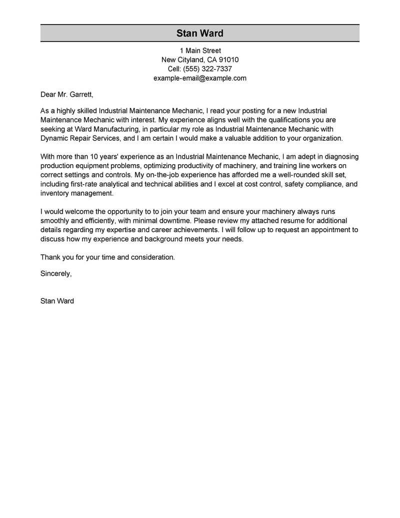 Outstanding Industrial Maintenance Mechanic Cover Letter Examples