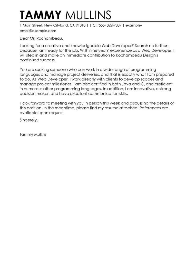 cover letter sample for a web developer position