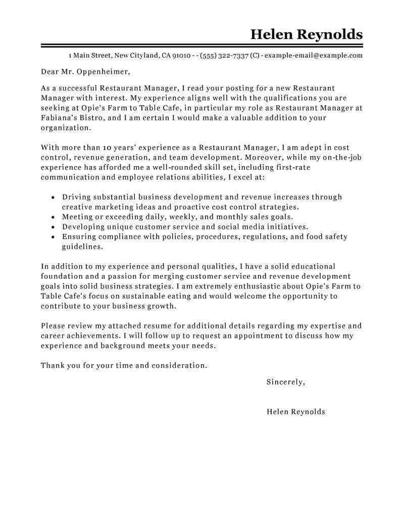 Free Restaurant Manager Cover Letter Examples & Templates from Our