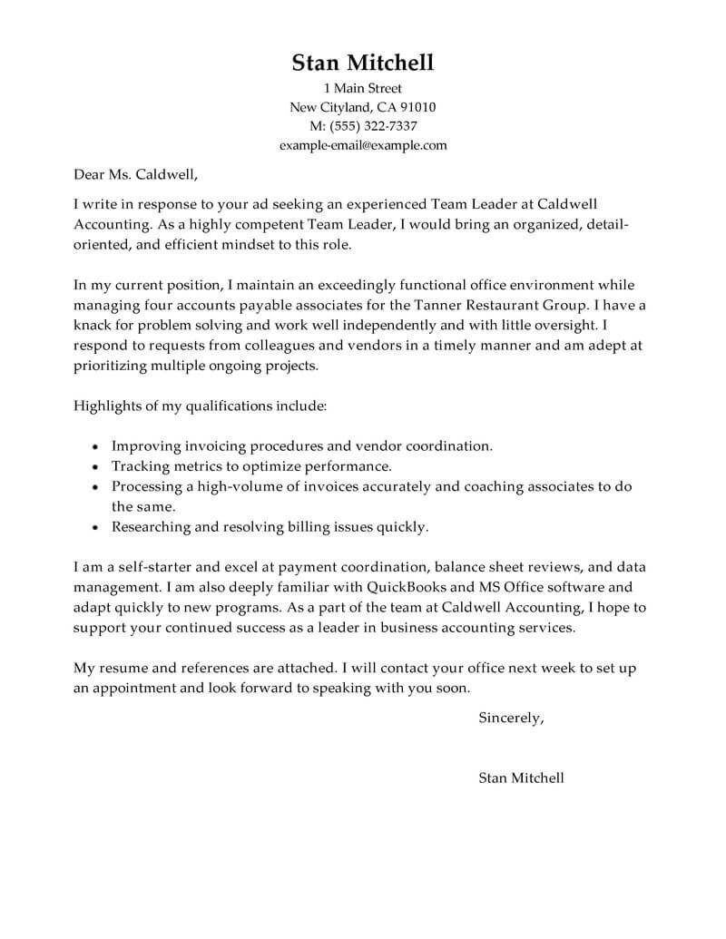 Free Team Lead Cover Letter Examples & Templates from Trust Writing Service