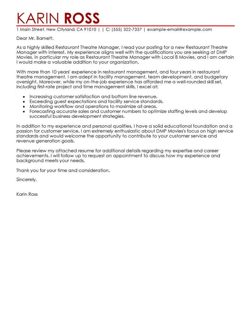 Amazing Restaurant Theatre Manager Cover Letter Examples ...