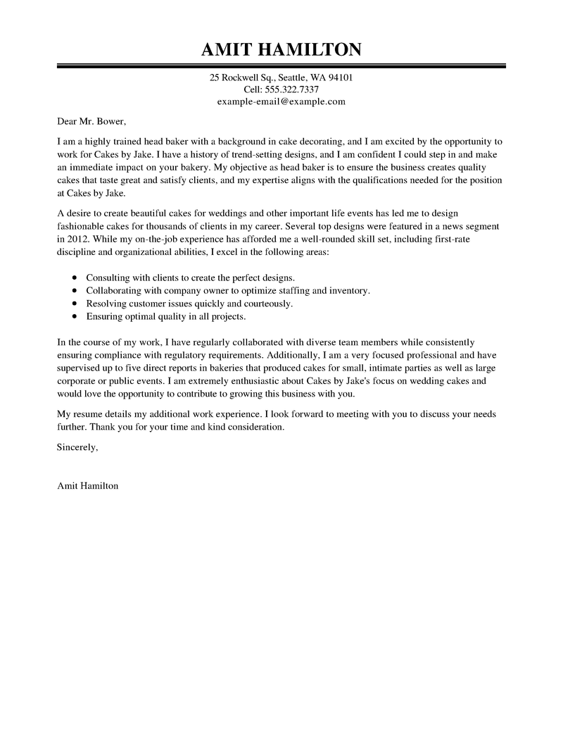 example of cover letter for bakery
