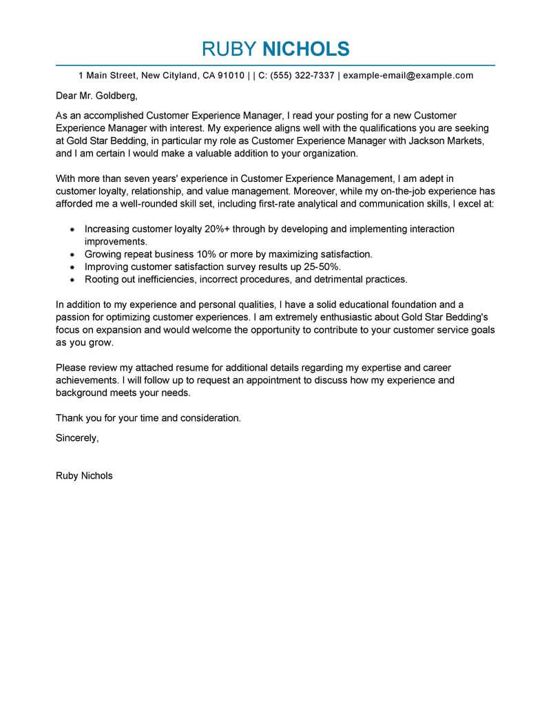 Free Customer Experience Manager Cover Letter Examples & Templates from