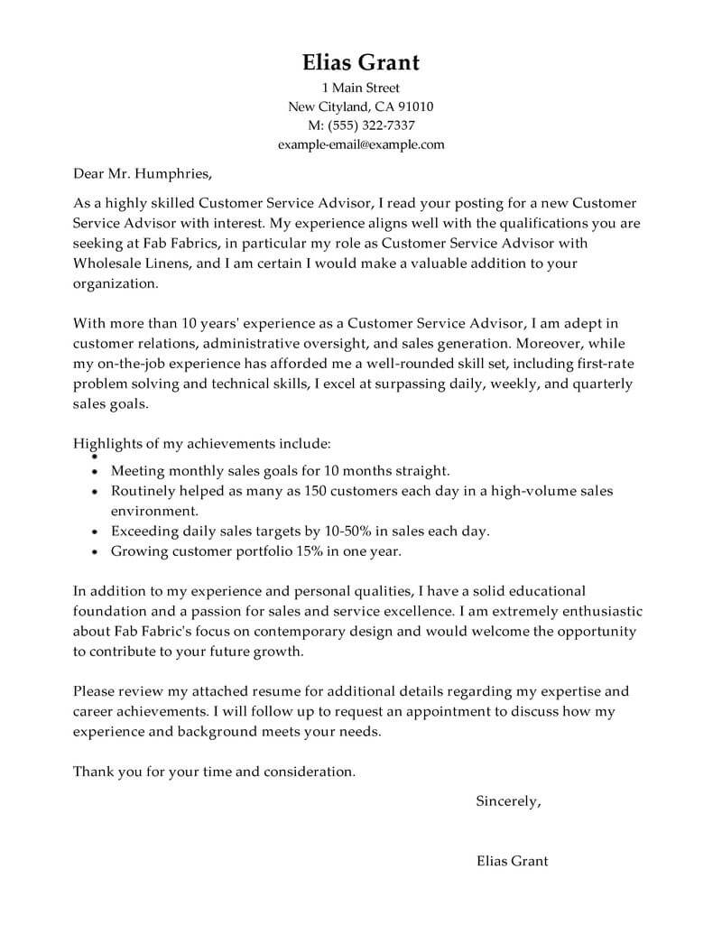 sales advisor cover letter examples