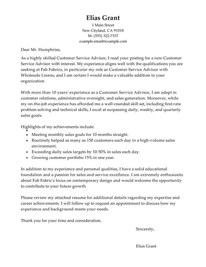 Free Sales Customer Service Advisor Cover Letter Examples ...