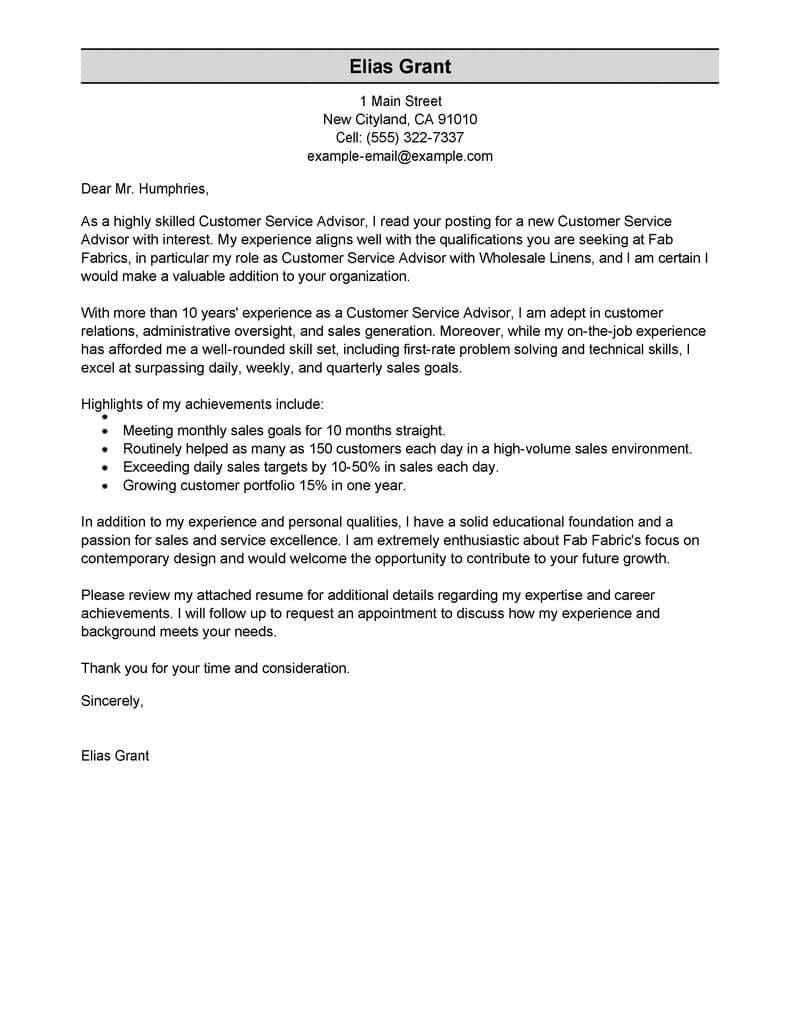 Free Sales Customer Service Advisor Cover Letter Examples ...