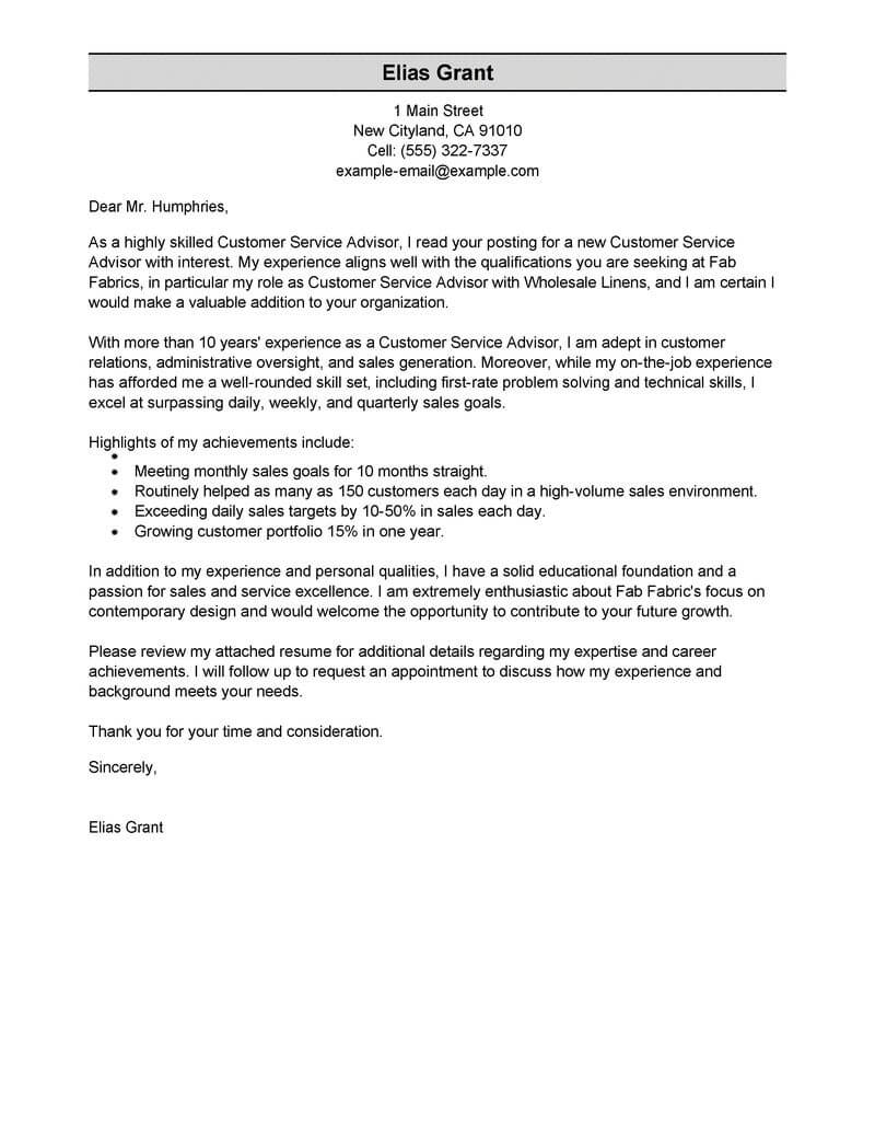 Free Sales Customer Service Advisor Cover Letter Examples