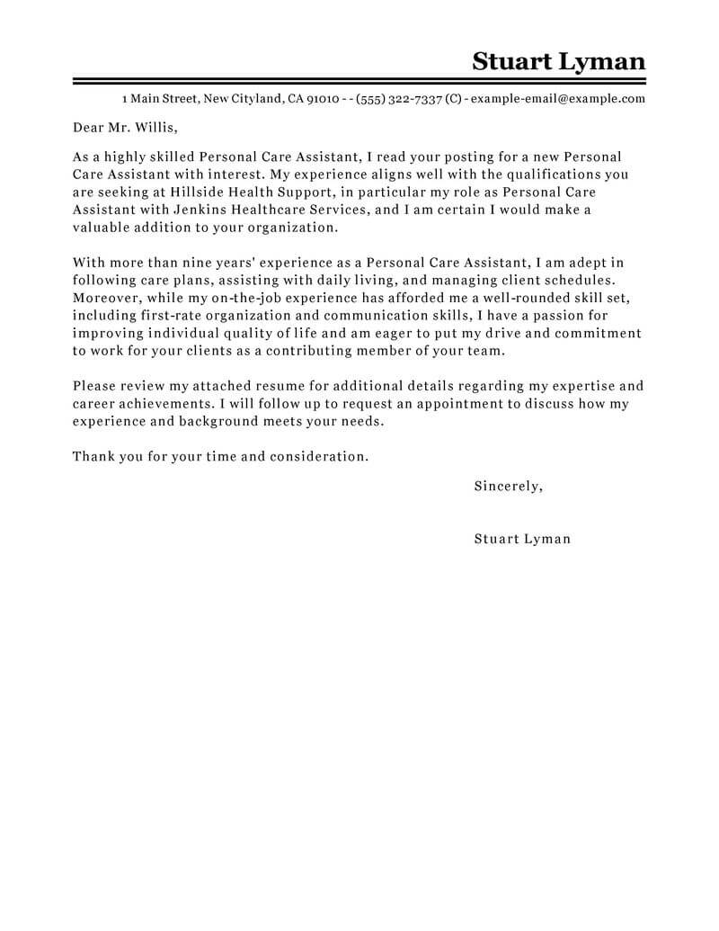 Amazing Personal Care Assistant Cover Letter Examples Templates From 