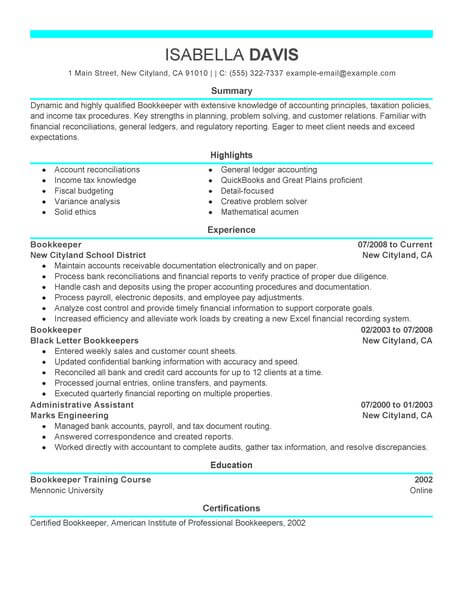 Best Bookkeeper Resume Example From Professional Resume ...