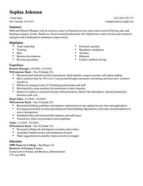 branch manager job description for resume
