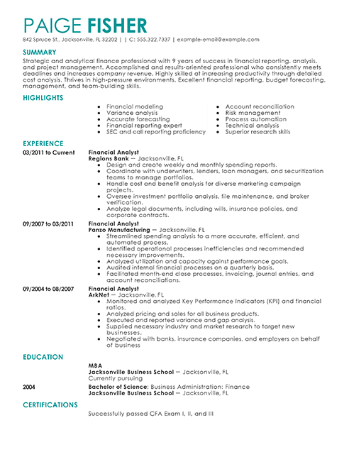 financail anylist resume