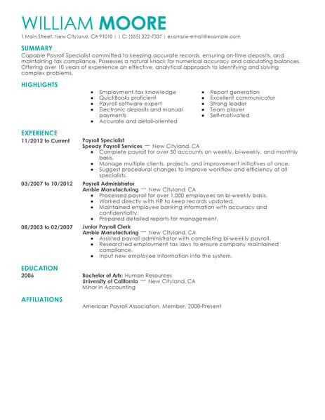 resumes for payroll jobs