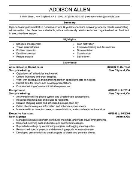 Best Administrative Coordinator Resume Example From Professional Resume Writing Service