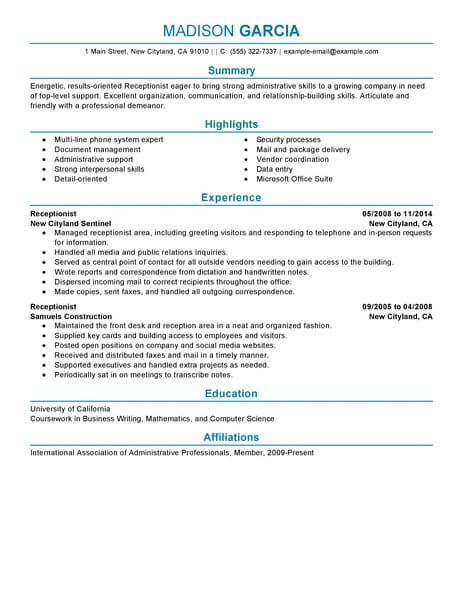 Best Receptionist Resume Example From Professional Resume ...