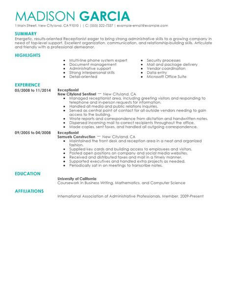 Best Receptionist Resume Example From Professional Resume Writing Service