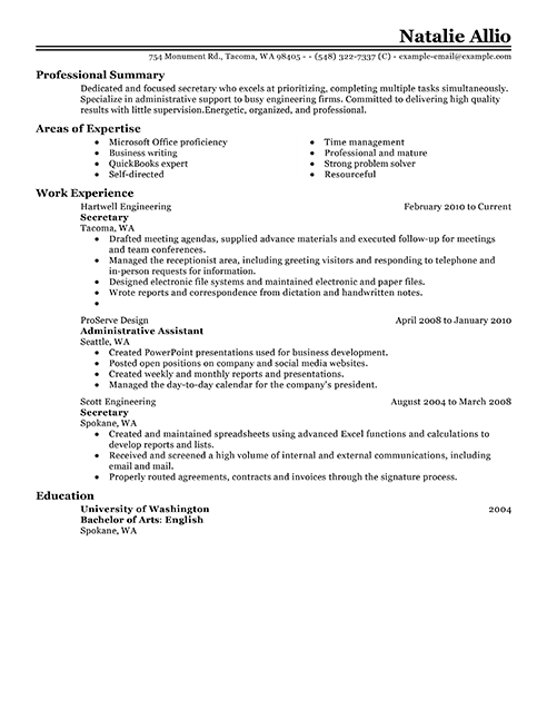 Best Secretary Resume Example From Professional Resume Writing Service