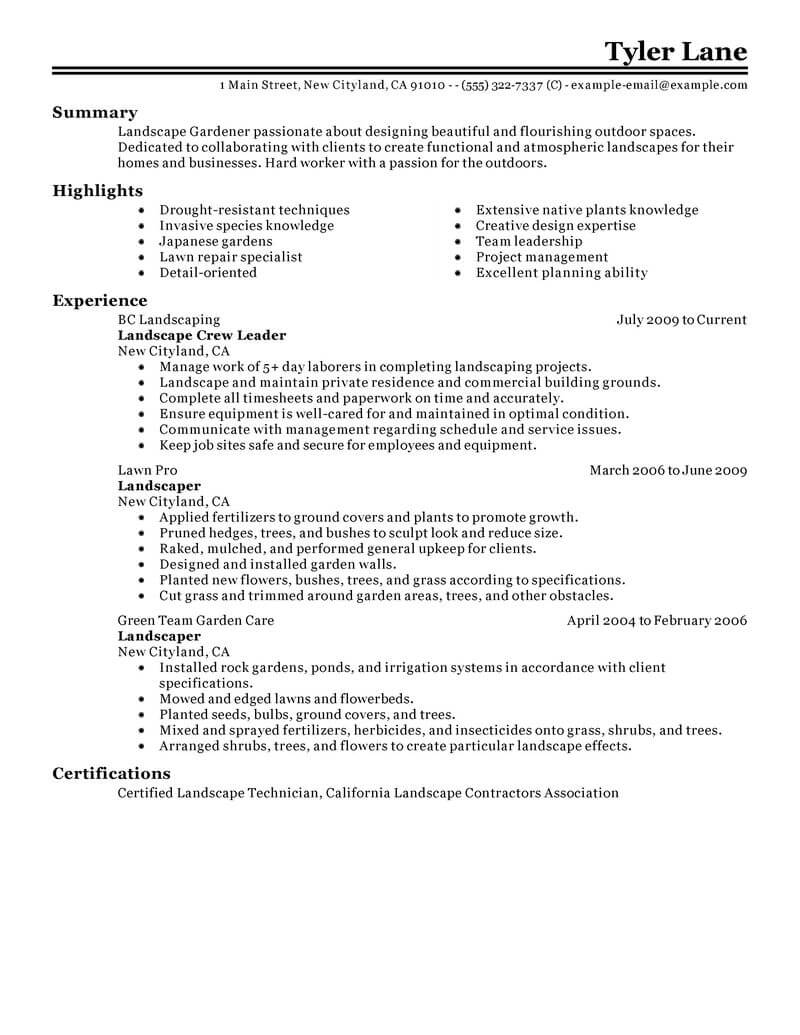 Best Landscaping Resume Example From Professional Resume Writing Service