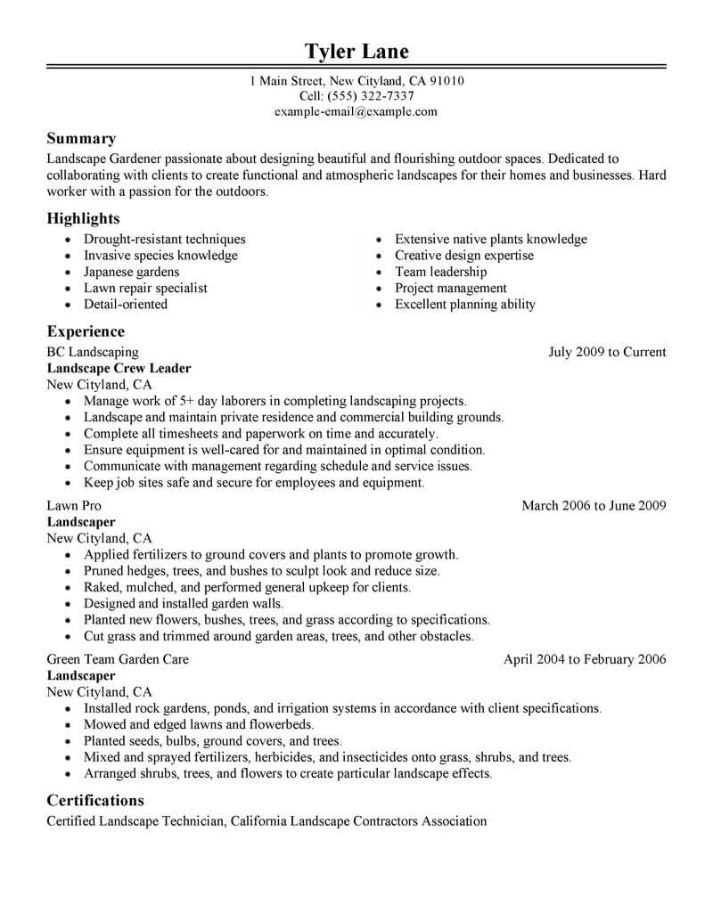 job description for resume gardening