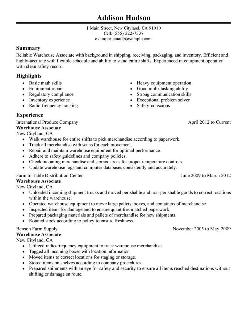 warehouse associate resume summary examples