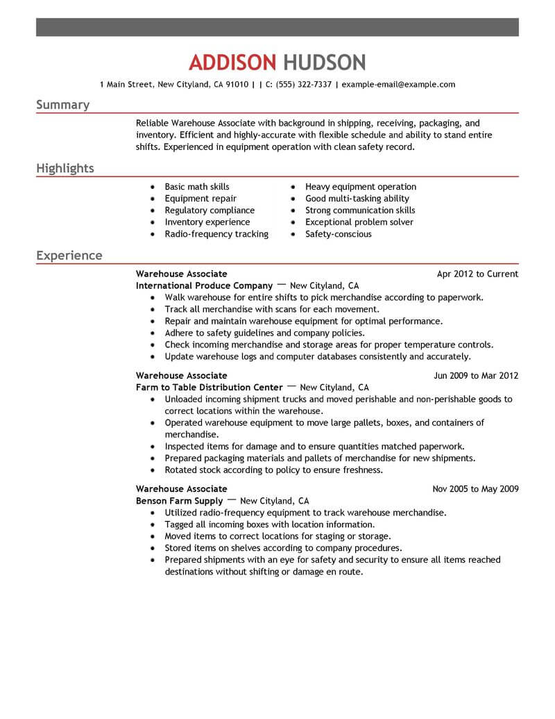 Best Warehouse Associate Resume Example From Professional Resume 