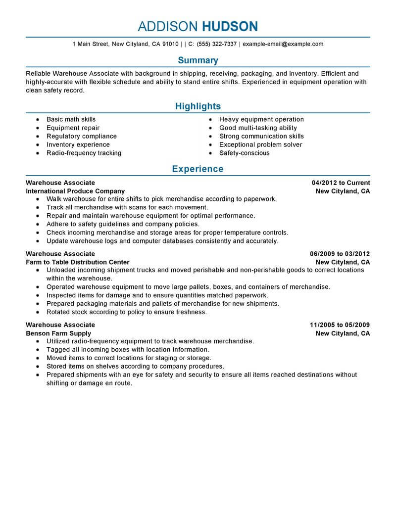 professional summary for resume warehouse associate