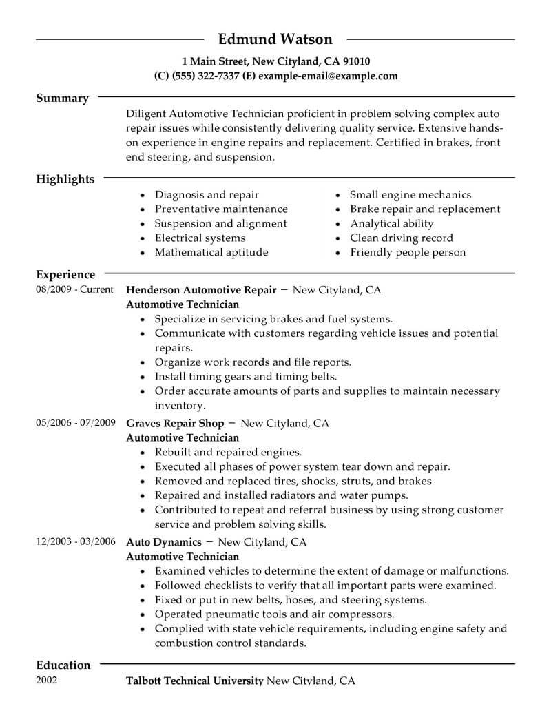 resume template for automotive service technician