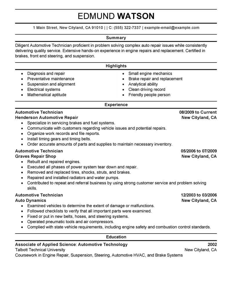 resume objective example for technician