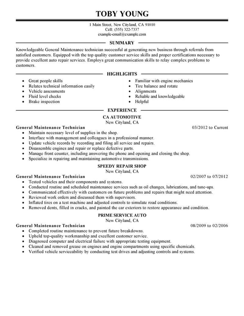 maintenance technician resume templates free download