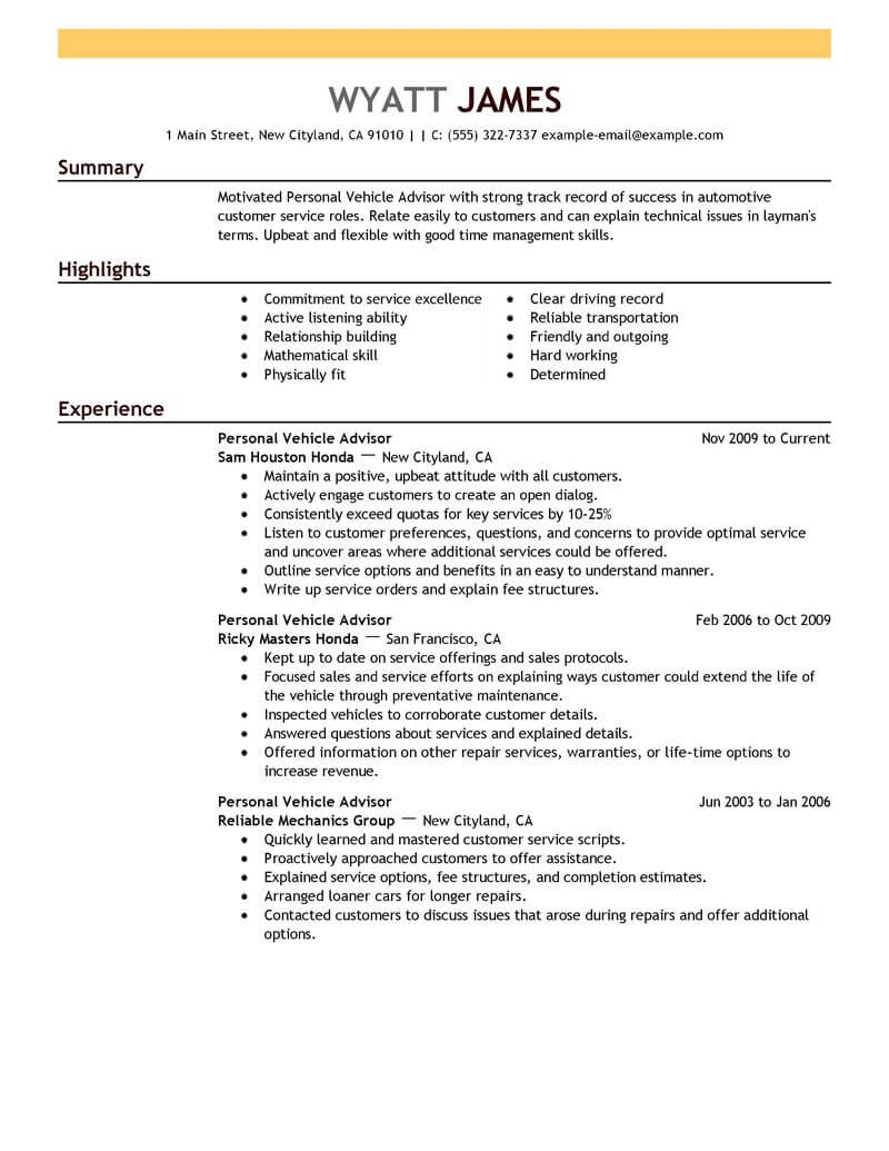 Best Personal Vehicle Advisor Resume Example From Professional Resume 