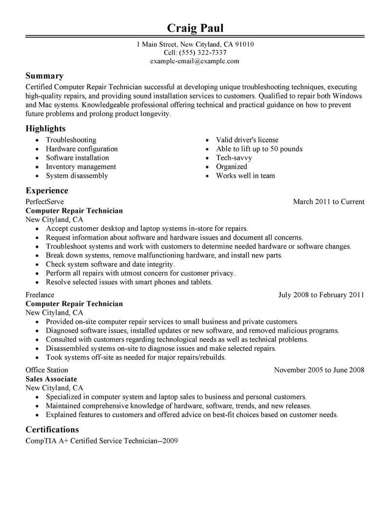 Best Computer Repair Technician Resume Example From Professional Resume