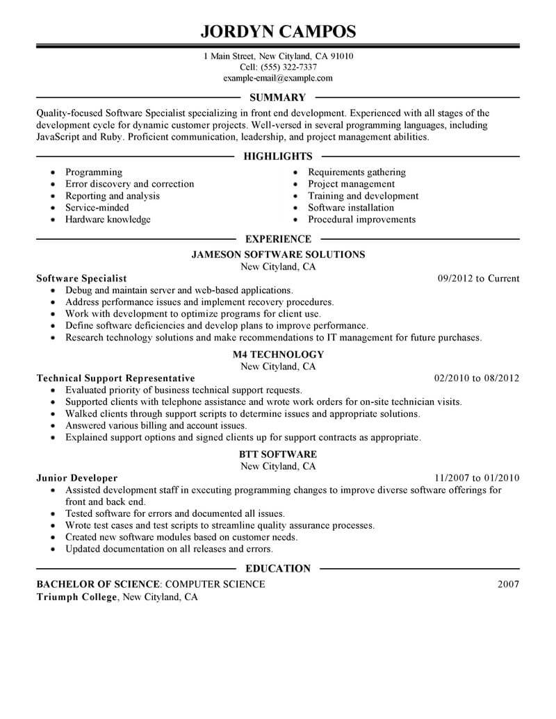 Best Software Specialist Resume Example From Professional