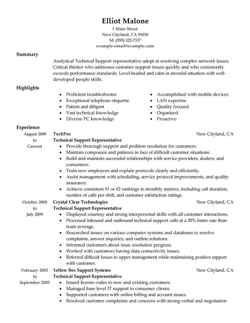 technical support job summary for resume