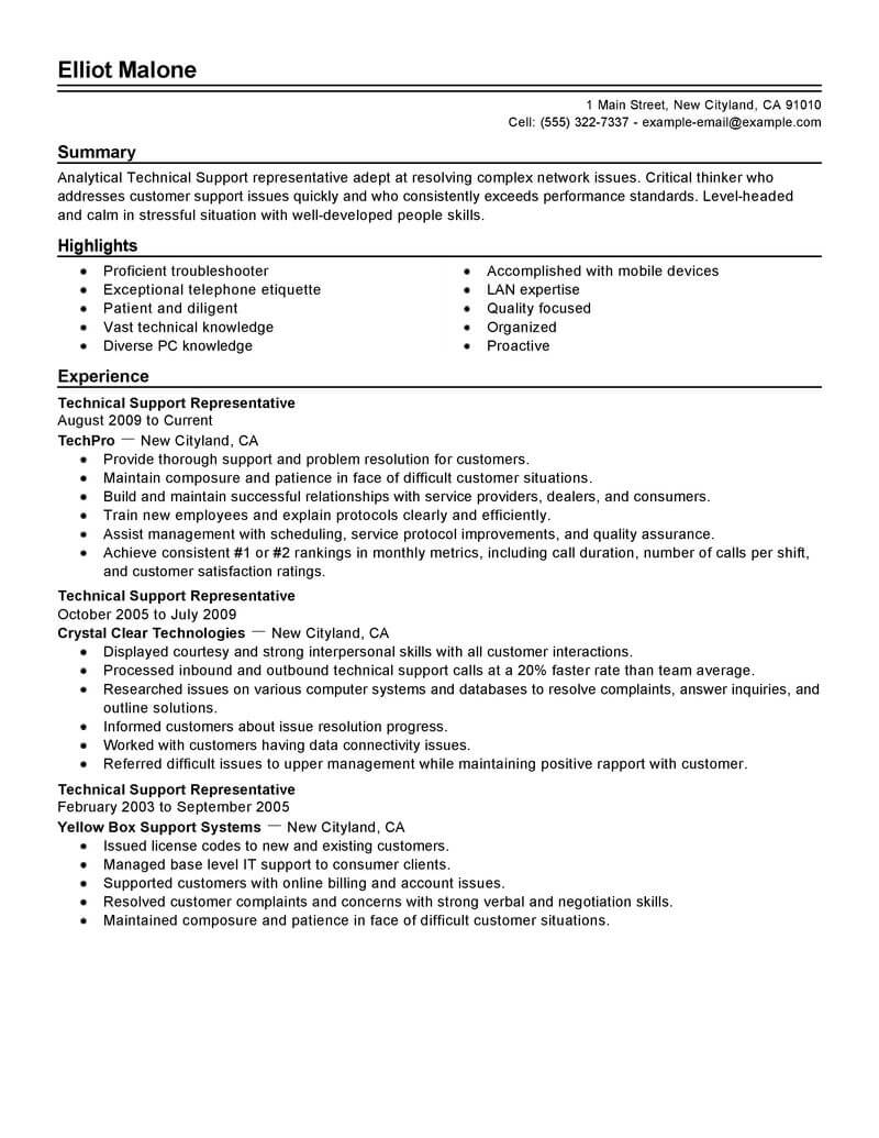 technical support specialist sample resume