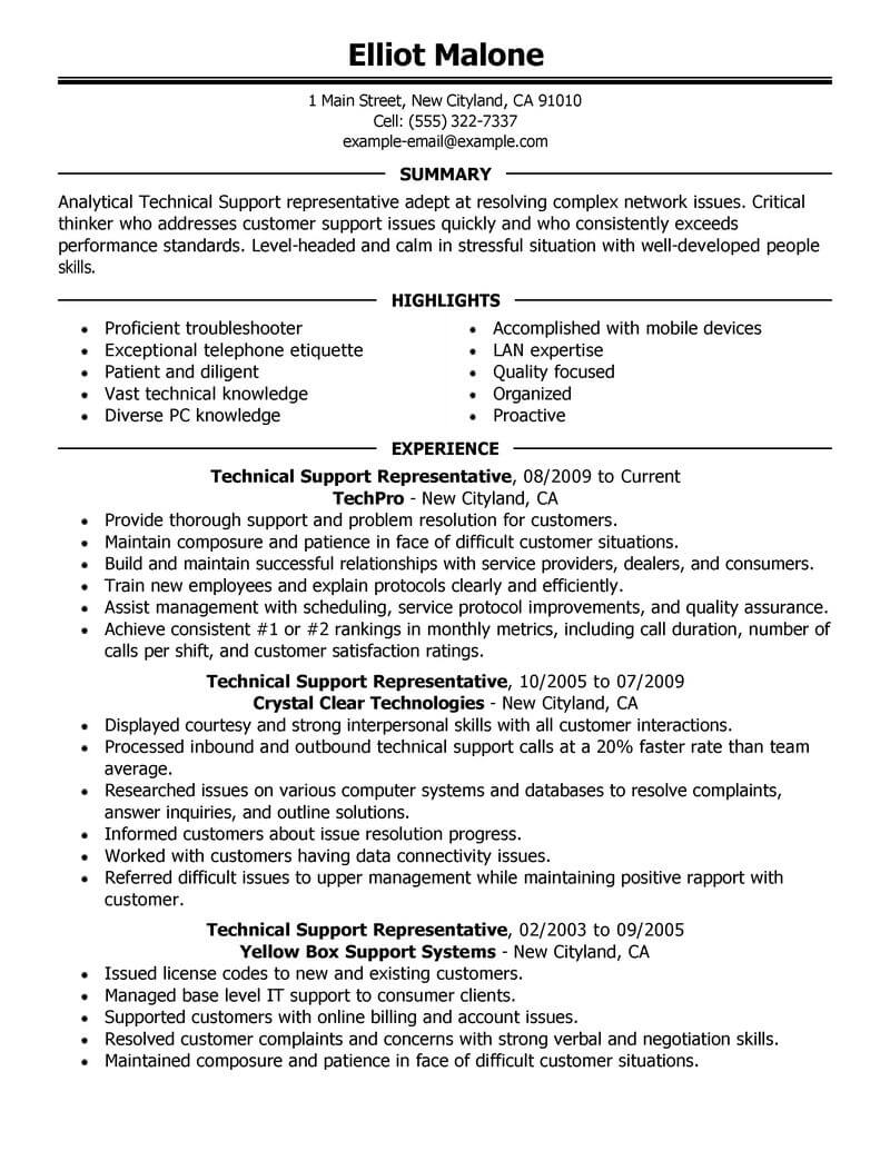 sample resume for technical support engineer fresher