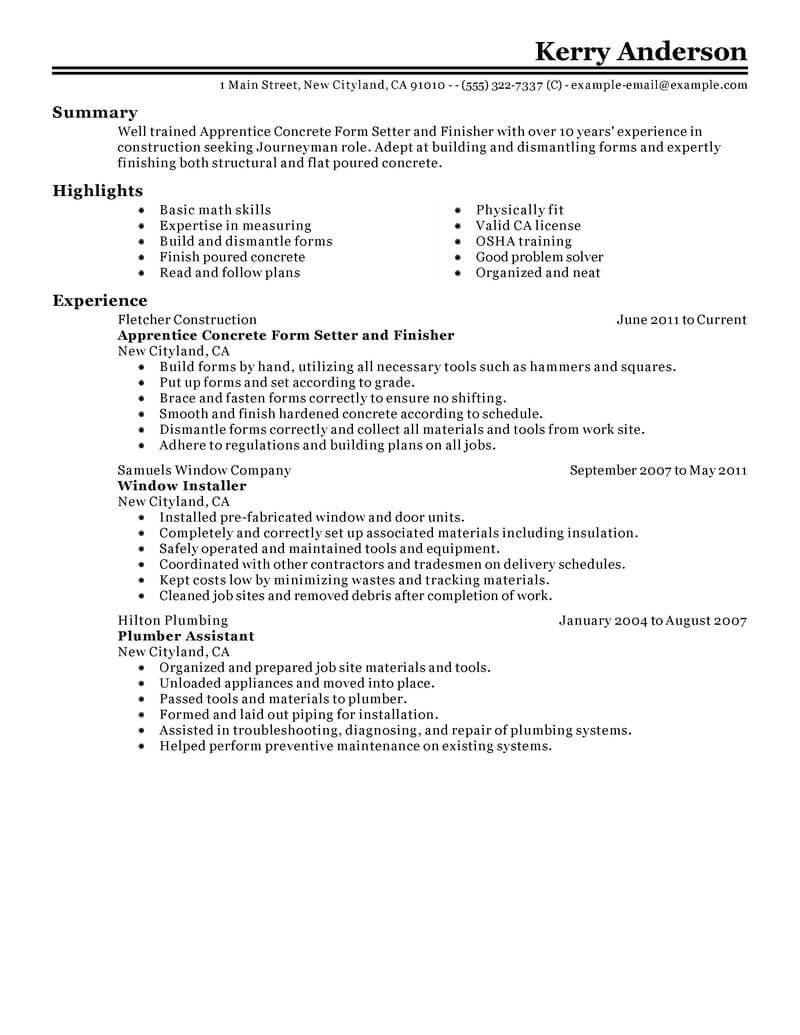 Best Apprentice Concrete Form Setter And Finisher Resume Example From