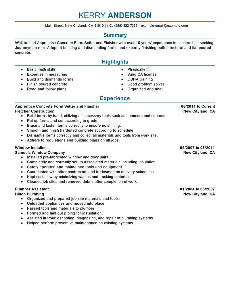 Best Apprentice Concrete Form Setter And Finisher Resume Example From