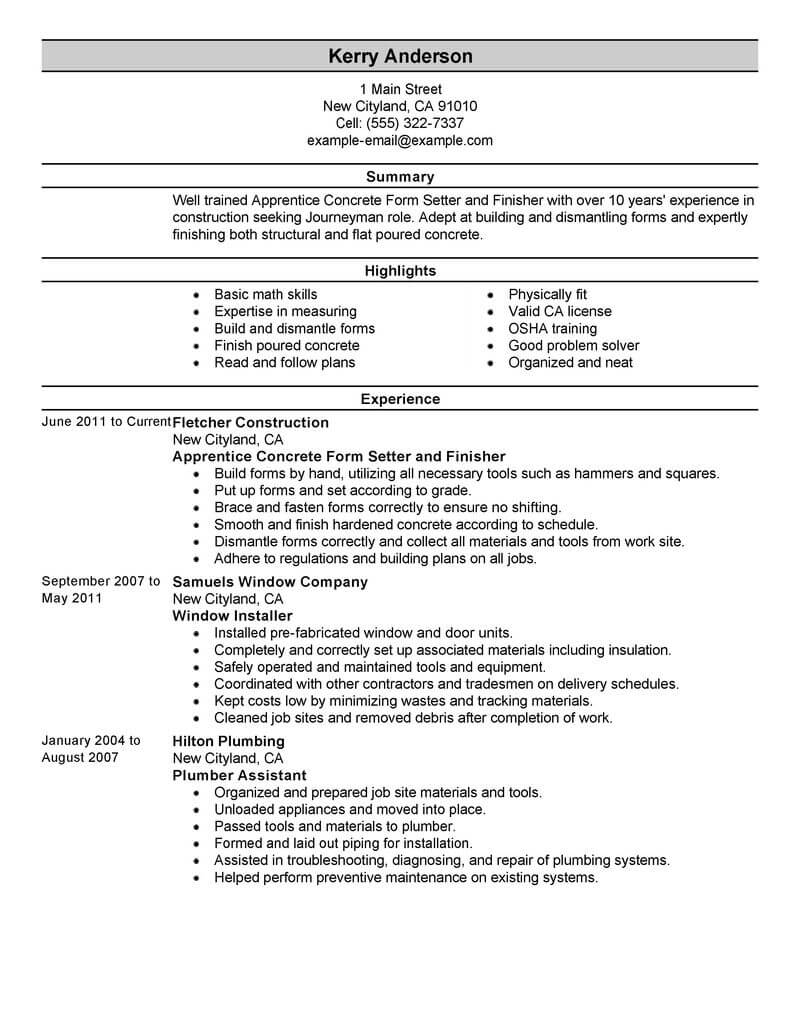 resume summary examples construction