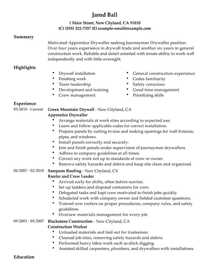 Best Apprentice Drywaller Resume Example From Professional Resume