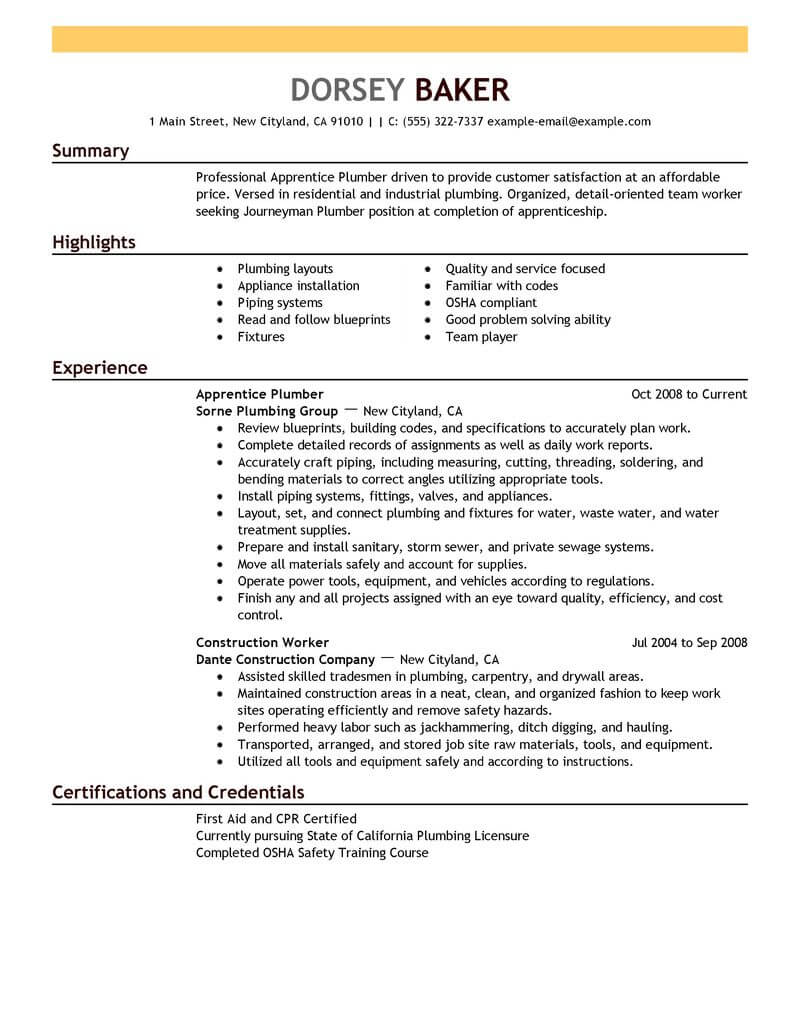 Best Apprentice Plumber Resume Example From Professional Resume Writing  Service