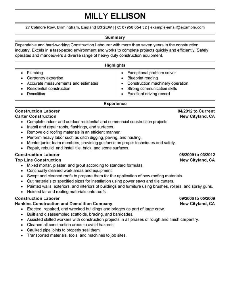 Best Construction Labor Resume Example From Professional Resume Writing