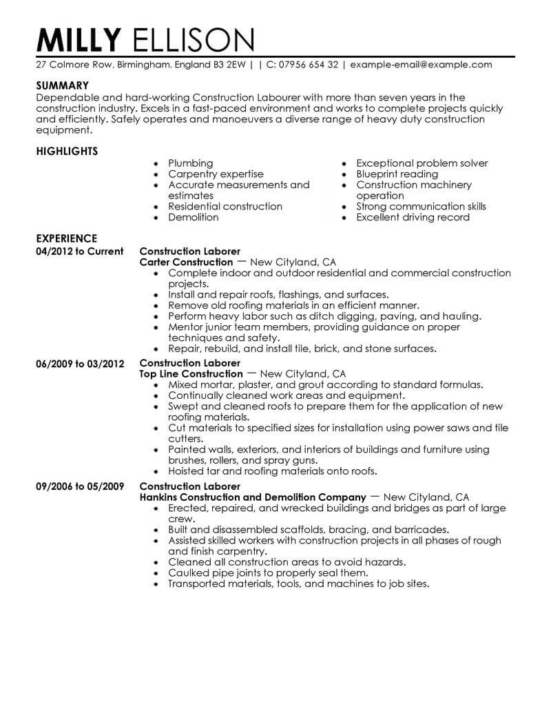 Best Construction Labor Resume Example From Professional Resume Writing 