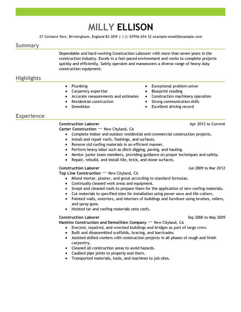 Construction Assistant Resume