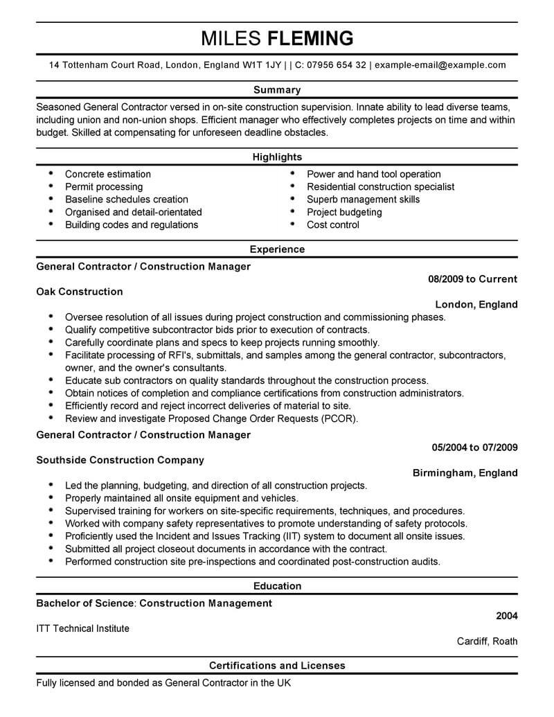 General Contractor Job Description For Resume