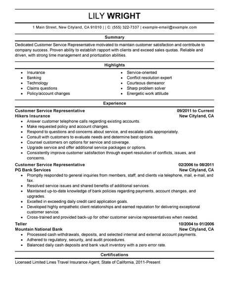 Best Customer Service Representative Resume Example From Professional