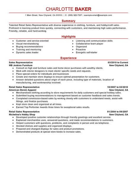 Best Rep Retail Sales Resume Example From Professional ...