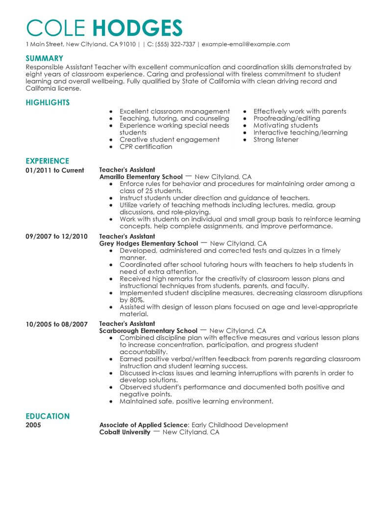 Best Assistant Teacher Resume Example From Professional Resume Writing